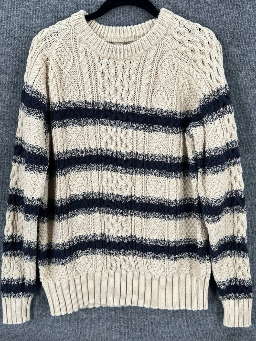 Ll Bean Signature Mens Cotton Cable Knit Fisherman Striped Crewneck Sweater Sz L